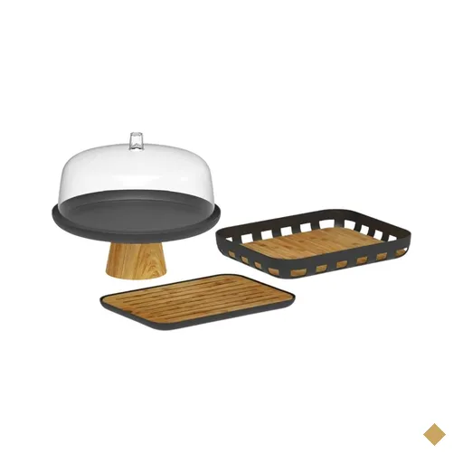 Kit Bandeja Boleira e Tábua Migalheira Plástico Bambu Ou Preto Café Mesa…
