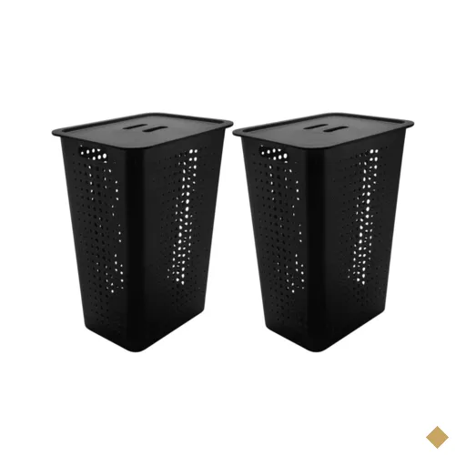 Kit 2 Cestos para Roupa Suja OU com Tampa Organizador Lavanderia 47L Preto