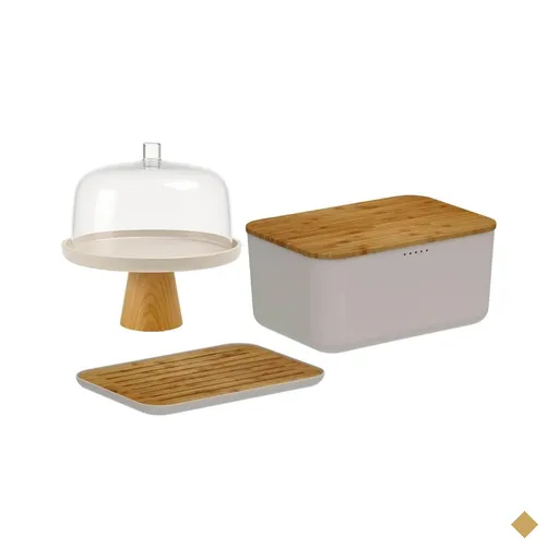 Conjunto Boleira com Cúpula e Pé Tábua Migalheira Porta Pão com Tampa Bege…