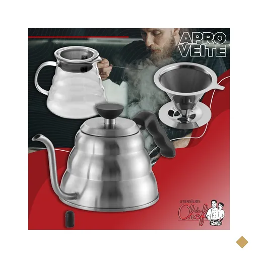 Kit Chaleira bico fino, Jarra vidro e filtro para café inox