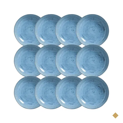 Kit 12 Pratos Fundos 830ml Cerâmica Azul Linhas Breeze 22,5cm Mesa Jantar…