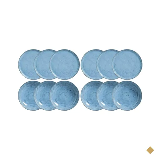 Conjunto 12 Pratos Rasos e Fundos Cerâmica Azul Breeze Porto