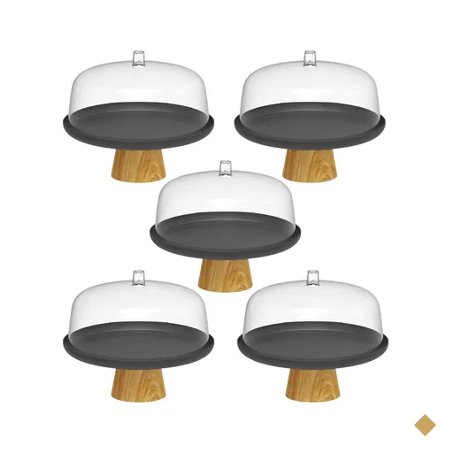 Kit 5 Boleiras com Tampa 25cm Pé Bambu Prato para Bolo Torta Doces Padaria Ou…