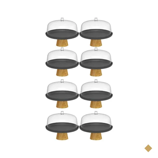 Kit 8 Boleiras Prato para Bolo 25cm Cúpula Plástico Pé Bambu Tortas Padaria…