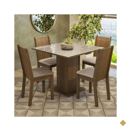 Conjunto Sala de Jantar Mesa Tampo de Vidro 4 Cadeiras Rustic/Crema/Sintético…