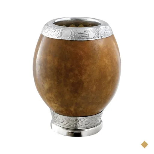 Cuia Coquinho Com Pé De Metal Bocal Em Aluminio Trabalhado Lisa Natural Média