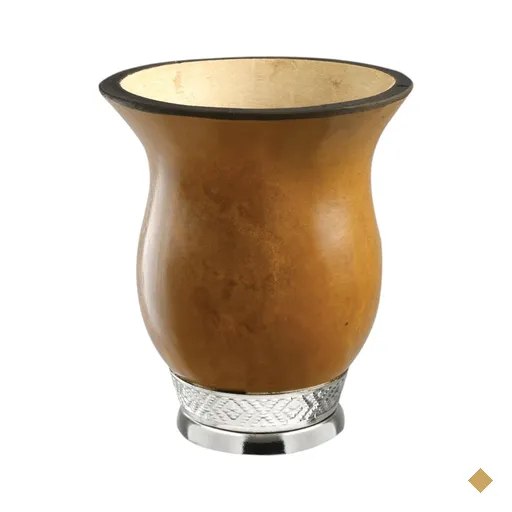 Cuia Média Para Pequena Com Pé Metal Bocal Queimado Lisa Natural
