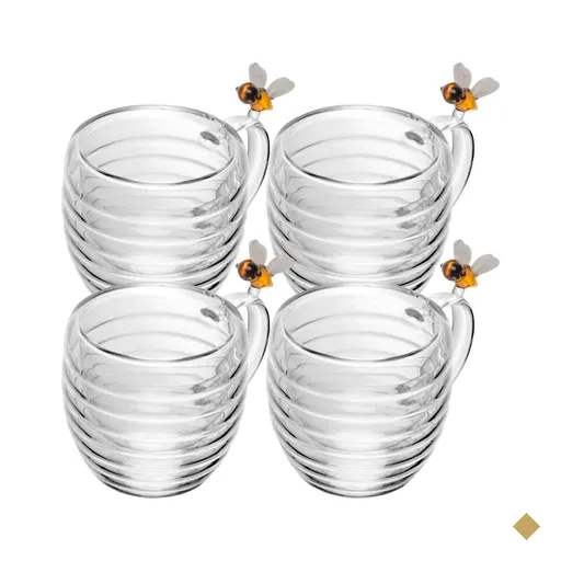 Conjunto 4 Xícaras de Chá 180ml Lovely Bee Lyor Abelinhas Vidro Duplo…