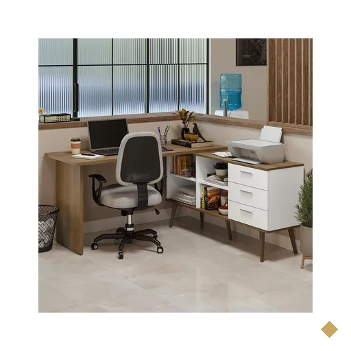Mesa de Escritório em L 3 Gavetas Branco/Rustic Lisboa Madesa