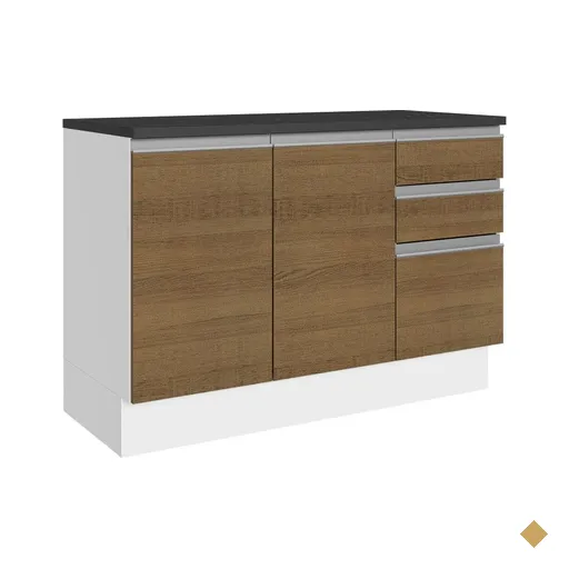 Balcão de Pia Cozinha 100% MDF 120 cm 3 Portas e 2 Gavetas Branco/Rustic…