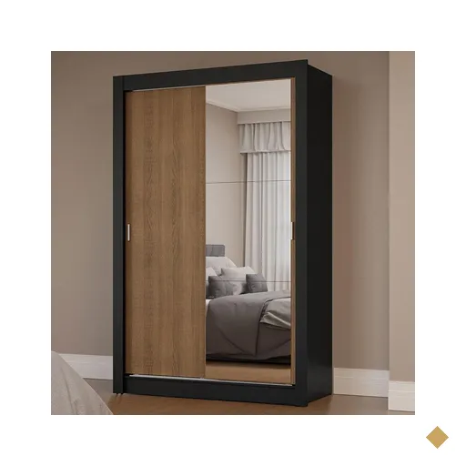 Guarda-Roupa Solteiro 2 Portas de Correr com Espelho Preto/Rustic Milano Madesa