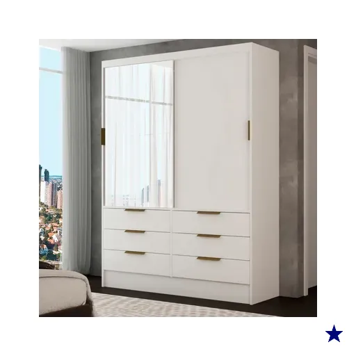 Guarda-Roupa Solteiro Taylor 2 Portas de Correr 6 Gavetas com Espelho Branco -…