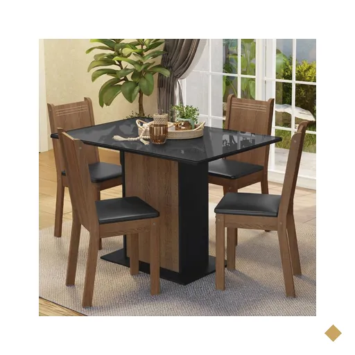 Conjunto Sala de Jantar Mesa Tampo de Vidro 4 Cadeiras Preto/Rustic Camélia…