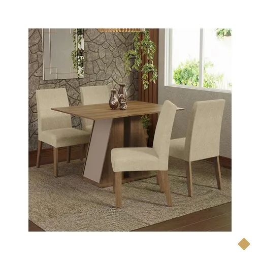 Conjunto Sala de Jantar Mesa Tampo de Madeira 4 Cadeiras Rustic/Crema/Imperial…