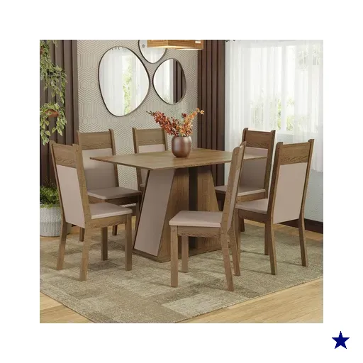Conjunto Sala de Jantar Mesa Tampo de Madeira 6 Cadeiras Rustic/Crema/Bege…