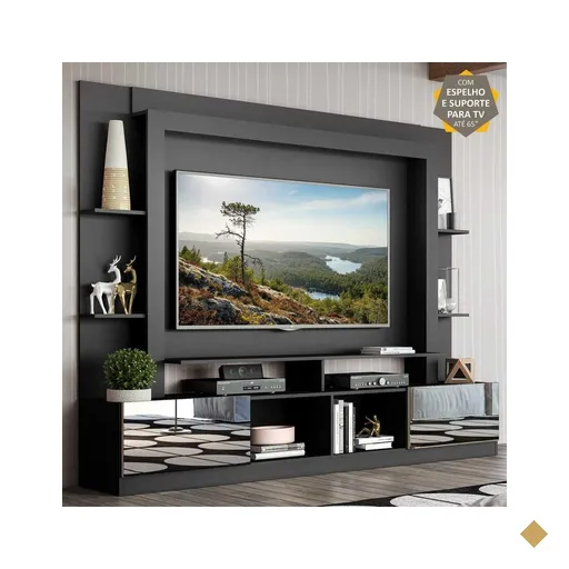 Rack c/ Painel e Suporte TV 65" Portas c/ Espelho Oslo Multimóveis Preto/Lacca…