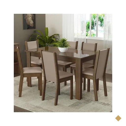 Conjunto Sala de Jantar Mesa Tampo de Vidro 6 Cadeiras Rustic/Crema/Bege…