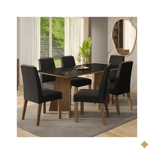 Conjunto Sala de Jantar Tampo de Vidro 6 Cadeiras Rustic/Preto/Oxford Siena…